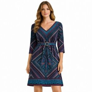 Candie’s Boho Geometric-Print Belted Dress